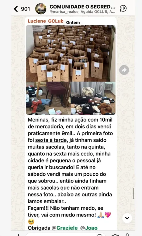 Print do grupo: Luciene fez uma ação com R$ 10 mil de mercadoria e vendeu quase R$ 9 mil em dois dias