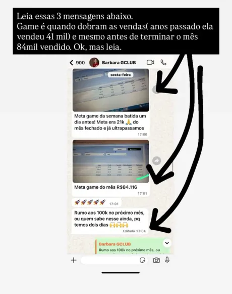 Print do WhatsApp: Barbara bateu a meta do mês com R$ 84.116 em vendas; no ano anterior tinha vendido 41 mil