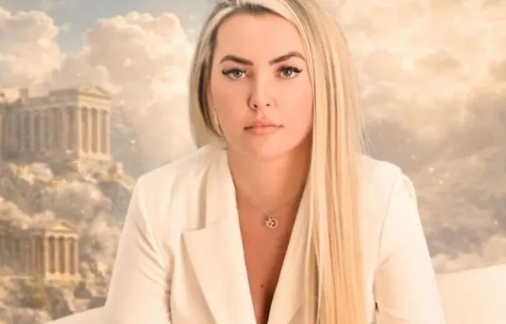 Graziele Dalpra, de terno branco, sentada em frente a um templo grego entre as nuvens