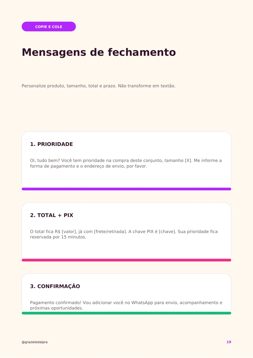 Página do material com mensagens de fechamento prontas para copiar e colar